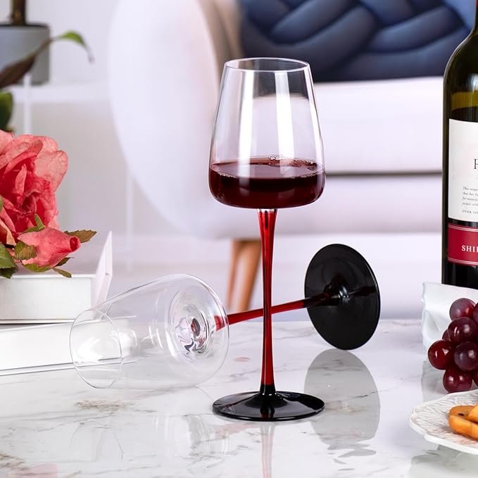 KAMMAK Wine Glasses Set of 2, 12.17 oz Hand Blown Crystal Bordeaux Wine Glasses, Thin Rim & Long Stem, Perfect for Red & White, Daily Use, Wedding or Birthday Gift with Gift Box, XH-H240 Black Base