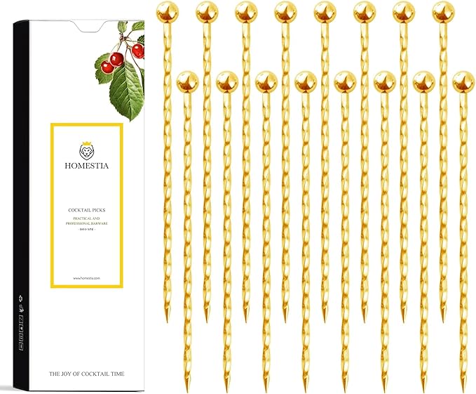 Homestia Gold Cocktail Picks, 16PCS Stainless Steel Twisted Martini Picks 4.3 Inch, Reusable Metal Drink Skewers for Cocktails, Olives, Appetizers, Barware Accessories