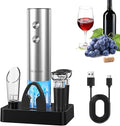 CIRCLE JOY Electric Wine Opener Rechargeable, 6-in-1 Stainless Steel Electric Cordless Wine Bottle Opener with Pourer & Foil Cutter, 2 Vacuum Preservation Stoppers and Base, Gift for Home, Party, Bar