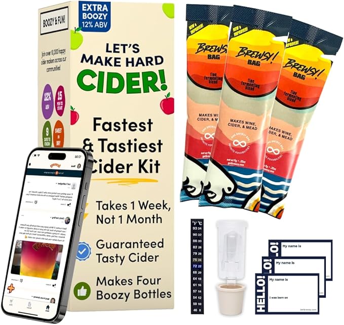 Brewsy Starter Kit for Cider Making - Custom Cider Kit - 4 Bottles in 9 Days - Use Any Juice to make Cider
