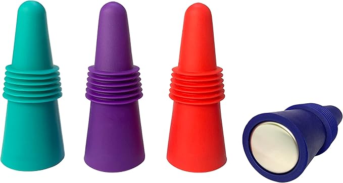 4 pcs Reusable Cork Novelty Wine Bottle Stoppers Silicone Rubber for Bottles of Opened Wine Cork to Keep the Wine Champagne Beer Fresh - Red, Dark Blue, Purple, Green