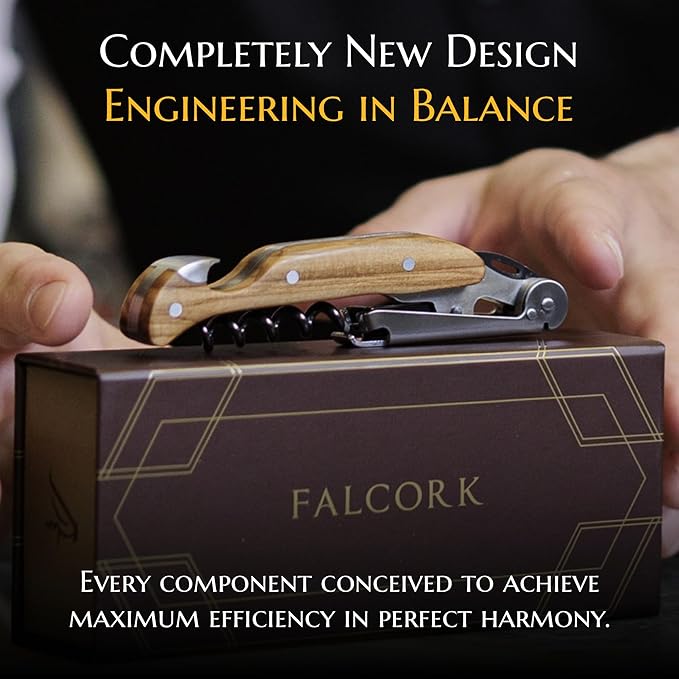 Corkscrew for Professionals FALCORK® 144 – Agility – One-Step Lever, Marked Helix and Generous Handle in Smooth Olive Natural Wood for Safe, Intensive Uncorking in Hospitality – Plastic-Free