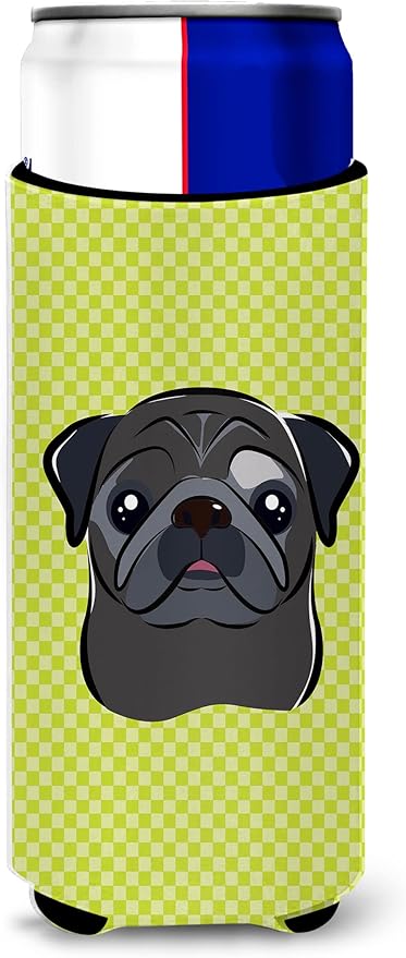 Checkerboard Lime Green Black Pug Ultra Beverage Insulators for slim cans BB1325MUK