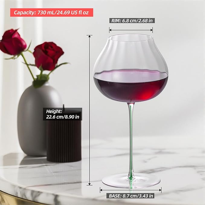 KAMMAK Wine Glasses Set of 2, 24.69 oz Hand Blown Crystal Bordeaux Wine Glasses, Thin Rim & Long Stem, Perfect for Red & White, Daily Use, Wedding or Birthday Gift with Gift Box, Onion Top Green