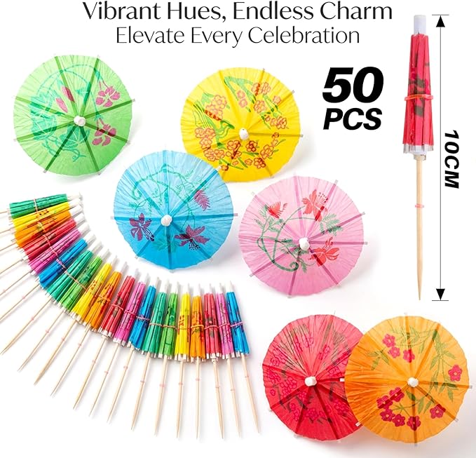 Cocktail Umbrellas - 50PACK Drink Umbrellas for Drinks, Paper Mini Umbrella for Drinks Hawaiian Cupcake Toppers Cocktail Garnishes Colorful Paper Toothpicks for Party Decorations