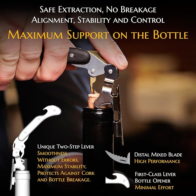 Corkscrew for Professionals FALCORK® 249 – Protection – 2-Step Unique Single Lever and Generous Ergonomic Handle for Sweet, Stable and Careful Service in High Hospitality – Only Noble Materials