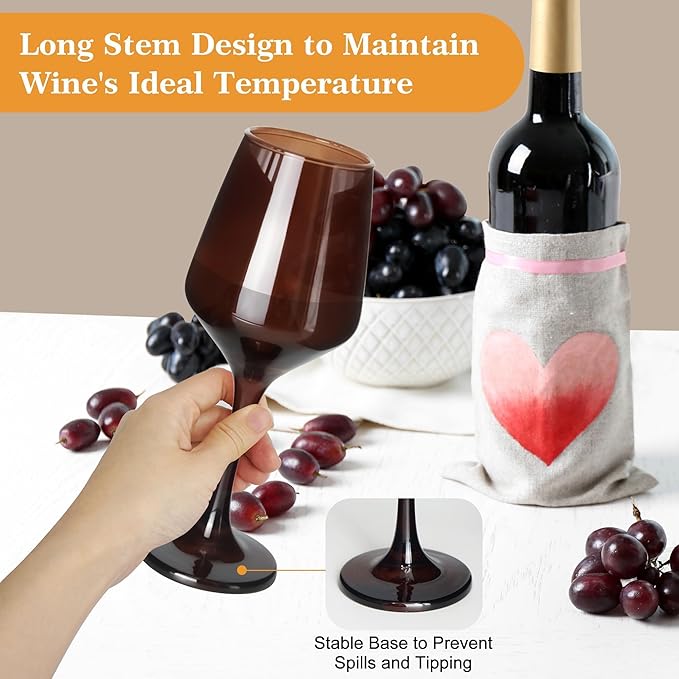 Brown Wine Glasses Set of 6, 12oz Stemmed Glasses, Thick & Colored, Dishwasher Safe Stemware for Red or White, Gift for Party, Holiday, Anniversary, Restaurant, Home Bar, Daily Use