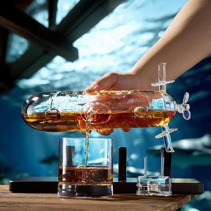 Submarine Whiskey & Wine Decanter Set - Wood Base 25oz Crystal Glass Dispenser Navy Nautical Naval Maritime Anniversary Birthday Gifts Men Who Have Everything Holiday Gifts, Father Husband Boyfriend