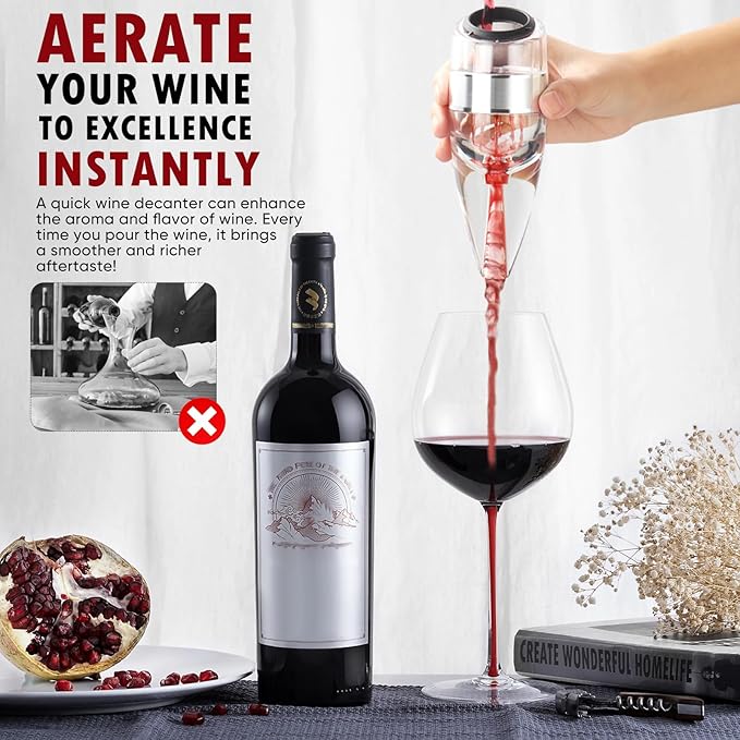 D&Slifei Wine Aerator Pourer and Decanter with Unique Aeration Device Quickly Enhances Wine Flavors with Smoother Finish,Best Gifts for Wine Lovers and Sommeliers.(Silvery)