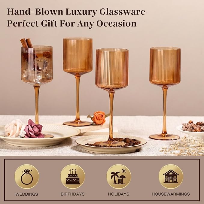 Amber Colored Square Wine Glasses Set of 6, Elegant Ribbed Design Amber Crystal Glassware with Long Stem, 11.5oz Hand Blown Red & White Wine Stemware For Home Dinner Party Wedding Housewarming Gift