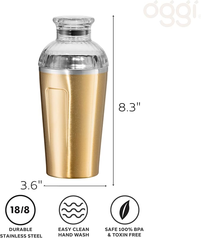 OGGI Groove Insulated Cocktail Shaker-17oz Double Wall Vacuum Insulated Stainless Steel, Tritan Lid has Built In Strainer, Ideal Cocktail Mixer, Martini Shaker, Margarita Shaker, Gold