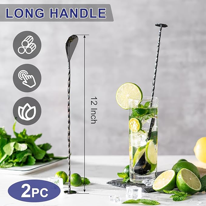 BRIOUT 2 Pcs Bar Spoon, 12 Inches Long Handle Drink Stirrer, Stainless Steel Bar Cocktail Mixing Spoons with Round Base for Stirring, Black