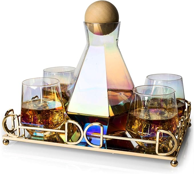 Iridescent Whiskey Decanter Diamond shaped With 4 Diamond Glasses & Mirrored Gold Tray Holder – 750ml Elegant Handcrafted Crafted Glass - Wine, Liquor, Scotch, Bourbon, Vodka, Tequila, Great Gift Idea