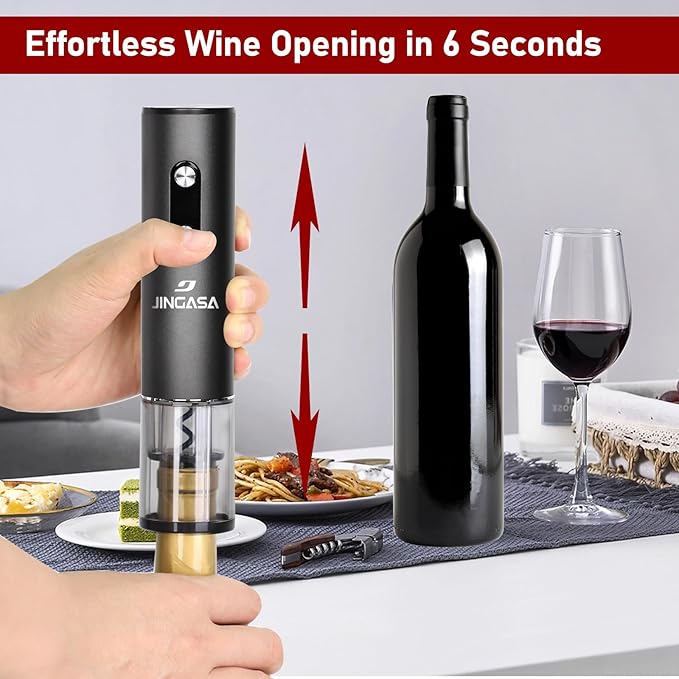 JINGASA Electric Wine Opener with Automatic Corkscrew & Foil Cutter – Rechargeable Type-C Corkscrew Bottle Opener for Home, Kitchen & Party, Black,1 Pack