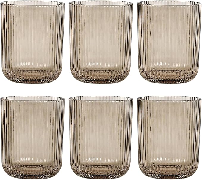 8.5 oz Drinking Glasses, Smoky Gray Highball Glasses Set of 6, Ribbed Glassware Glass Cups, Water Glasses for Juice, Iced Coffee Cups, Cocktail Glasses
