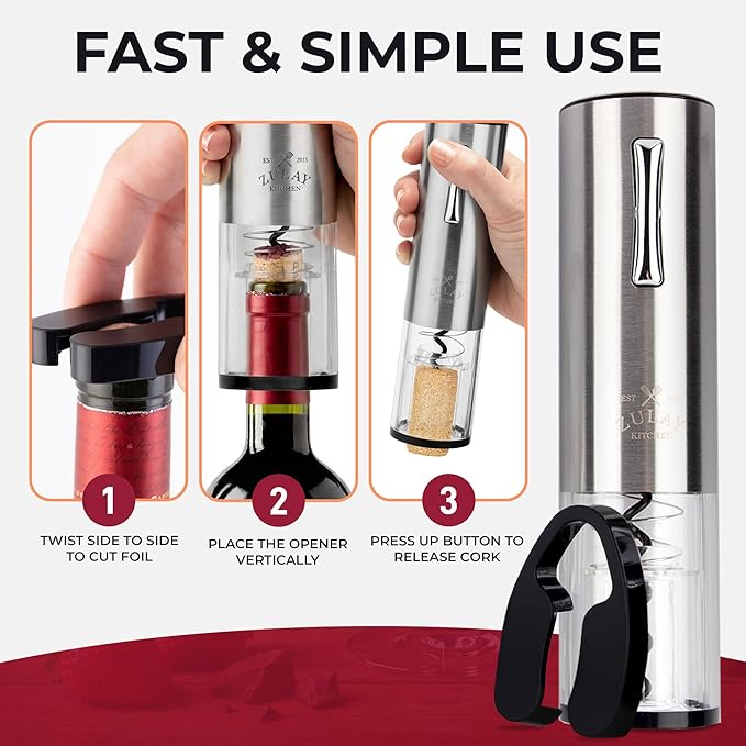 Zulay Kitchen Rechargeable Electric Wine Opener Set with Charging Base - Automatic Corkscrew Wine Bottle Opener, Aerator Pourer, Foil Cutter & 2 Vacuum Stoppers - Stainless Steel Wine Gift Set, Silver
