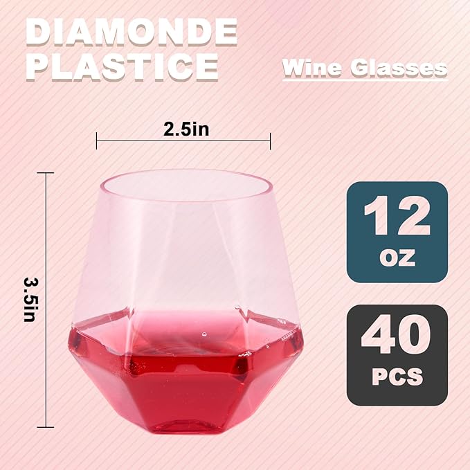 Goodluck 40 PCS Diamond Stemless Plastic Wine Whiskey Glasses, 12 Oz Disposable Cocktail Glasses, Suitable for Weddings, Birthday Parties, Family Gatherings, Bars, etc （Multi-color cups）