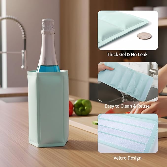 Wine Cooler and Champagne Cooler, Bottle Cooler Bag, Wine Cooler Sleeve, Reusable Ice Pack Sleeve – Elegant & Portable – Fits 750ml Bottles, Set of 2 Green