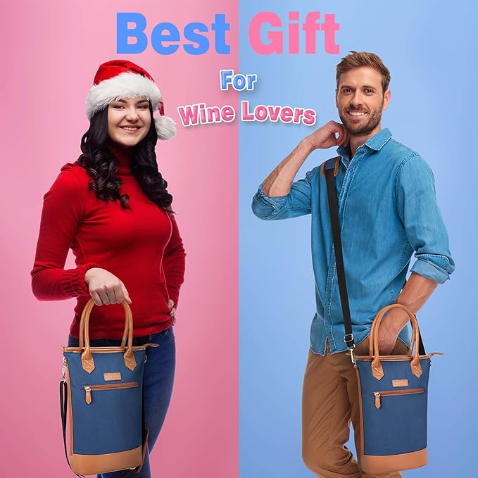 Tirrinia Insulated Wine Gift carrier Tote - Travel Padded 2 Bottle Wine/Champagne Cooler Bag with Handle and Adjustable Shoulder Strap, Great Wine Lover Gift, Blue