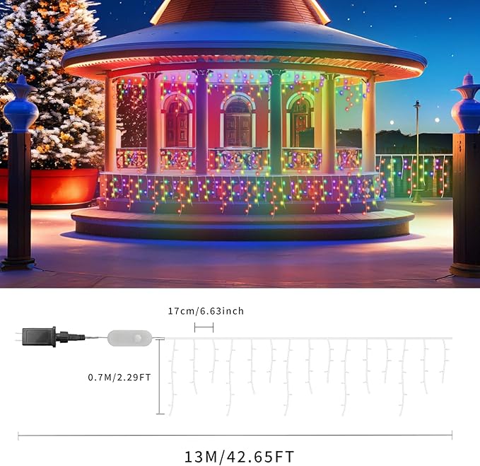 Led Icicle Lights Outdoor,43FT 400 LED RGB Smart Programmable Icicle Christmas Light for Outside,Color Changing LED Connectable Music Sync for House Decorations,Holiday,Red White Blue Independence Day