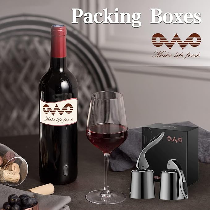 OWO Stainless Steel Wine Bottle Stopper, Reusable Wine Saver with Silicone Seal, Decorative Bottle Sealer, Keeps Fresh (Metal Black, 2 Pack)