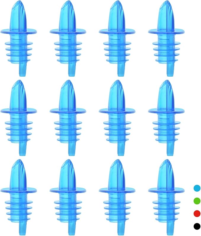 Plastic Liquor Bottle Pourers blue- 12 Pack Classic Bottle Pourers for Alcohol, Leak-Proof, Dishwasher-Safe Pour Spouts for Liquor Bottles (blue)