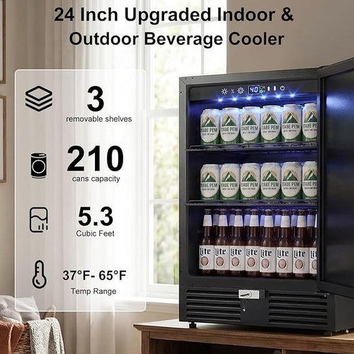 24 Inch Beverage Refrigerator–210 Can Large Capacity Beverage Fridge with French Door, Built-in or Freestanding Under Counter Outdoor Beverage Cooler with Reversible Door, Black