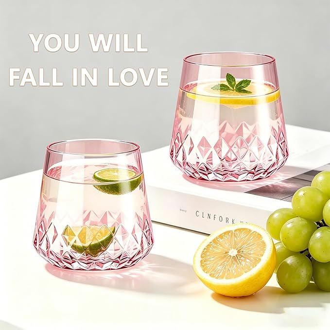 Lueumxc 40 Pack Pink Plastic Wine Glasses, 14Oz Rhombus Disposable Wine Glasses Unbreakable Clear Plastic Cocktail Glasses Recyclable Shatterproof Reusable Wine Cups