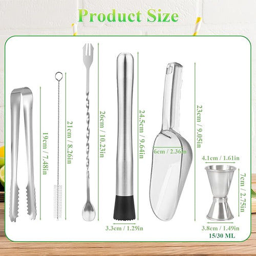 6Pcs Muddler for Cocktail Set - 304 Stainless Steel Muddler Cocktail Spoon Jigger Straw Cleaning Brush, Ice Scoop and Ice Tongs, Bar Accessories Tools for Mojitos, Lemonades, and Fruit Drinks