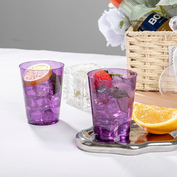 DaYammi 100 Pack 10 oz Purple Plastic Cups- Disposable Cups Tumblers, Elegant Purple Glitter Party Drinking Cup Perfect for Wedding Purple cups Perfect for Mother's Day Party Wedding
