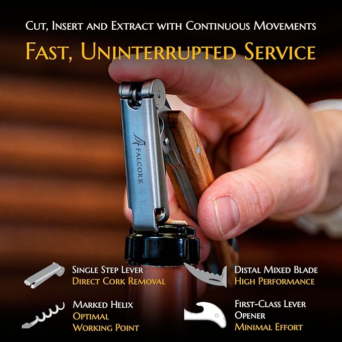 Corkscrew for Professionals FALCORK® 144 – Agility – One-Step Lever, Marked Helix and Generous Handle in Smooth Olive Natural Wood for Safe, Intensive Uncorking in Hospitality – Plastic-Free