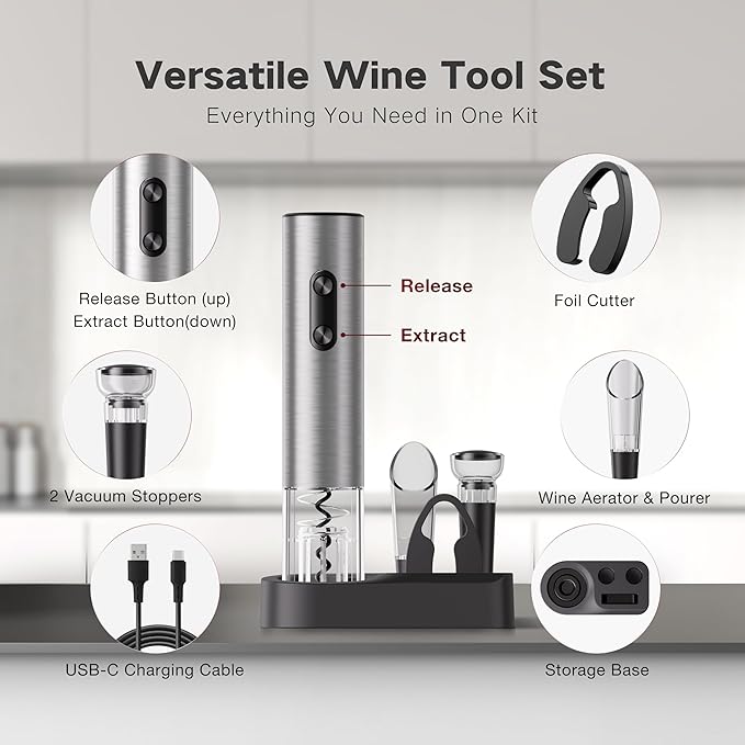 6-in-1 Electric Wine Opener Gift Set, BABONIR Stainless Steel USB-C Rechargeable Automatic Wine Bottle Opener, Foil Cutter, Vacuum Stopper, Wine Aerator Pourer, Bottle Opener Wine Gifts for Women