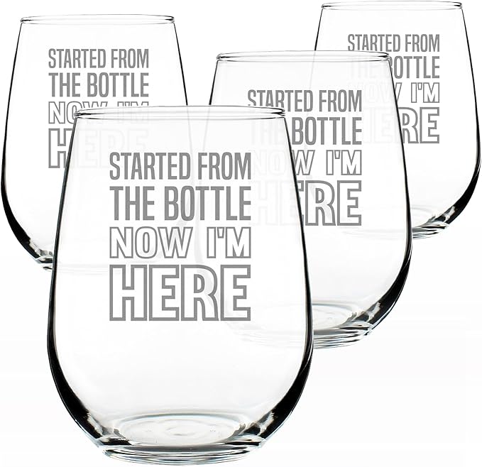 Bevvee Started From the Bottle – Funny Stemless Wine Glass, Large 17 Ounces, Etched Sayings, Gift Box - Set of 4