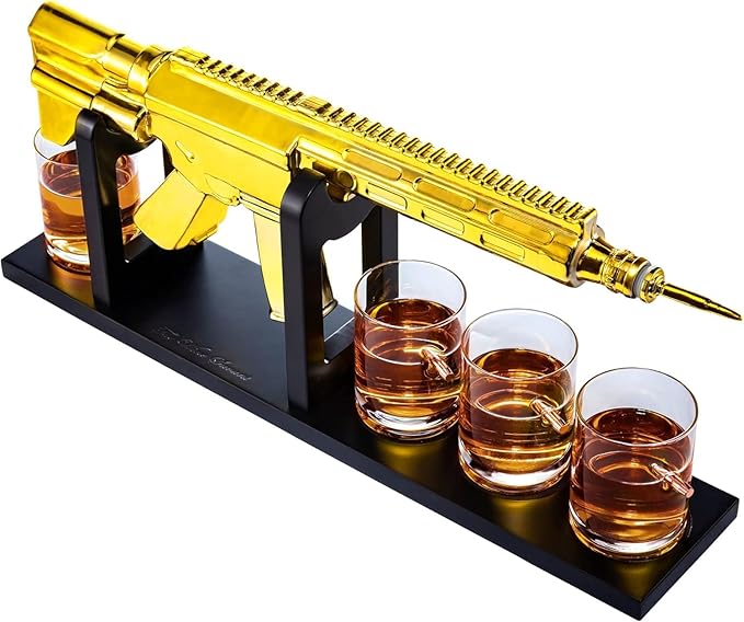 AR15 Gold Whiskey Decanter Set with 4 Bullet Glasses - The Wine Savant, Gift for Dad, Uncle, Son - Veteran, Military, or Home Bar Gift - Unique Whiskey Gift for Men, Father’s Day or Winter