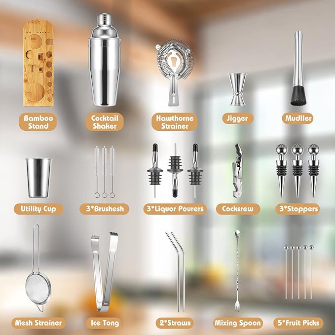 Semderm Cocktail Shaker Set, 26-Piece Premium Mixology Bartender Kit - 18/8 Stainless Steel Bar Set with Bamboo Stand - Includes Mixing Tin, Hawthorne & Mesh Strainer - Professional Gift for Men