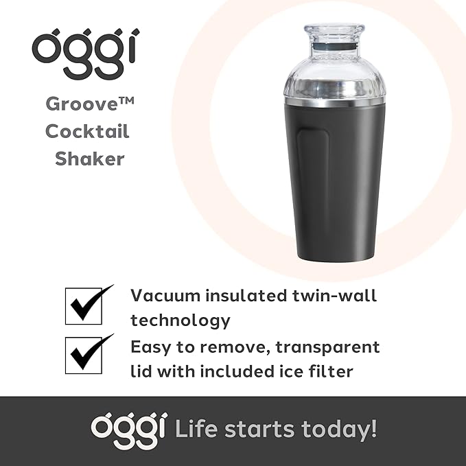 OGGI Groove Insulated Cocktail Shaker-17oz Double Wall Vacuum Insulated Stainless Steel, Tritan Lid has Built In Strainer, Ideal Cocktail Mixer, Martini Shaker, Margarita Shaker, Black