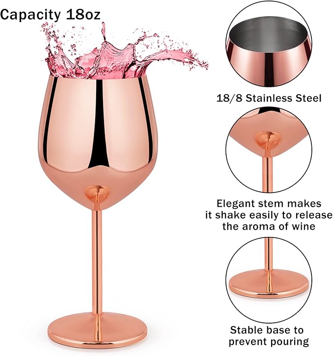 Lifecapido Stainless Steel Stem Wine Glasses Set of 8, 18oz Copper Wine Glasses, Stainless Steel Wine Goblets with Cup Brush for Party Office Wedding Anniversary, Great for Red White Wine(Rose Gold)