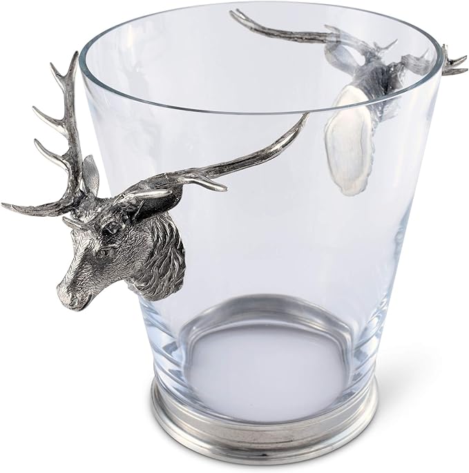Vagabond House Glass Ice/Wine Bucket with Pewter Deer Head Handles Artisan Designed Handcrafted for Refined Cabin Lodge Mountain Entertaining Heirloom Quality 12 inch Tall