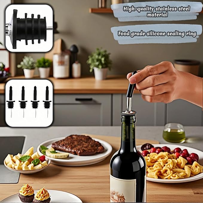4PCS Premium Wine and Oil Pourer Set, 304 Stainless Steel Pour Spouts for Liquor & Oil - Reusable, Dishwasher Safe, Precision Flow Control, Leak-Proof Seal, Fit Most Wine & Whiskey Bottles (M(Hat 2))