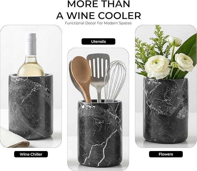 Marble Wine Cooler Black 6.5" Inches Handmade Beverage Cooler For Bar Accessories, Wine Chiller For Bottle and Champagne, Utensil Holder Or Bar Decor, Black
