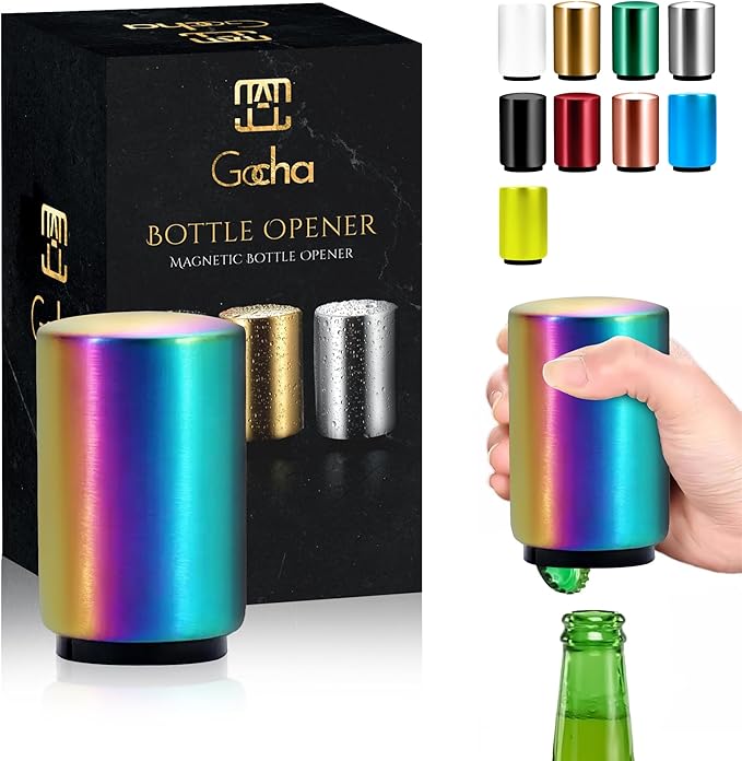 GOCHA | Magnetic Beer Bottle Opener with Automatic Cap Catcher – Stainless Steel Push-Down Gadget, One-Hand Bar Tool for Beer & Soda Bottles (Rainbow)