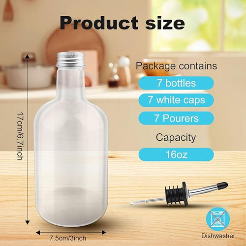 7 Sets 16 oz Plastic Long Neck Bottles with Pourer and Caps, Plastic Juice Pour Bottles with Stainless Steel Bottle Pourer Tapered Spout for Liquor Juice Store Syrup Bottles Pourers