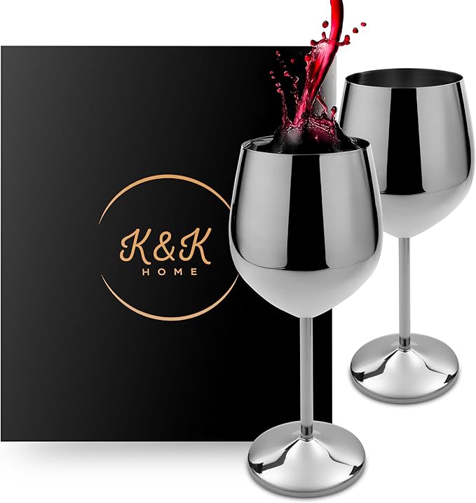K&K Home Silver Stainless Steel Unbreakable Wine Glasses - 18 oz - Set of 4 Colored, Stemmed Metal Wine Glasses Perfect for Outdoors, Weddings, and Parties