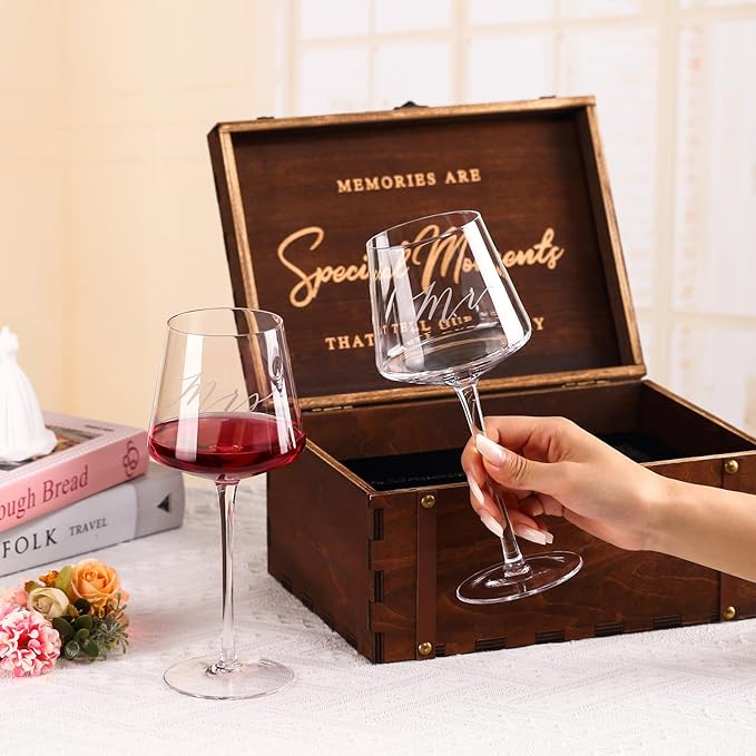 Mr & Mrs Wine Glasses Gift Set with VINTAGE Memory Box – Engagement, Wedding & Newlywed Gifts for Couples, Just Engaged Gifts for Women
