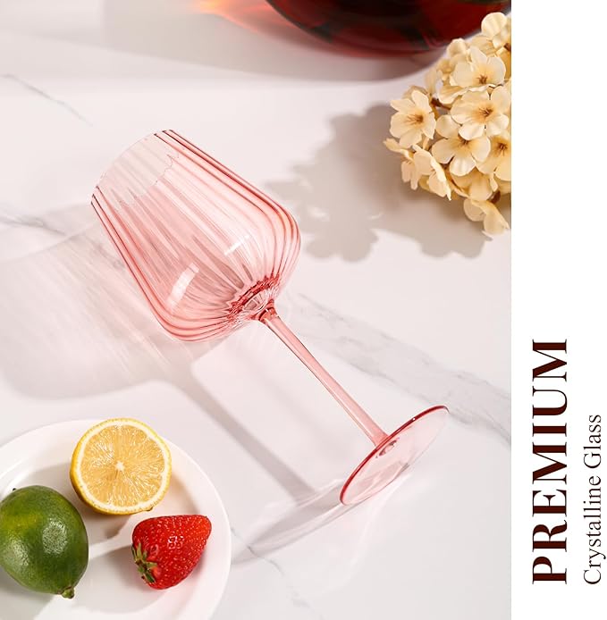 Pink Ribbed Wine Glasses Set of 4-20oz Hand-Blown Fluted Glassware, Lead-Free Crystal Vintage Ripple Texture Red Wine Glasses, Perfect Gifts for Weddings, Birthday, Special Occasions