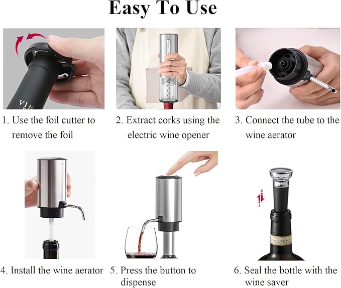 Electric Wine Opener Set with Wine Aerator & Dispenser, Rechargeable Wine Decanter, Foil Cutter & Vacuum Wine Stopper Saver, Stainless Steel Wine Gift Set for Wine Lovers