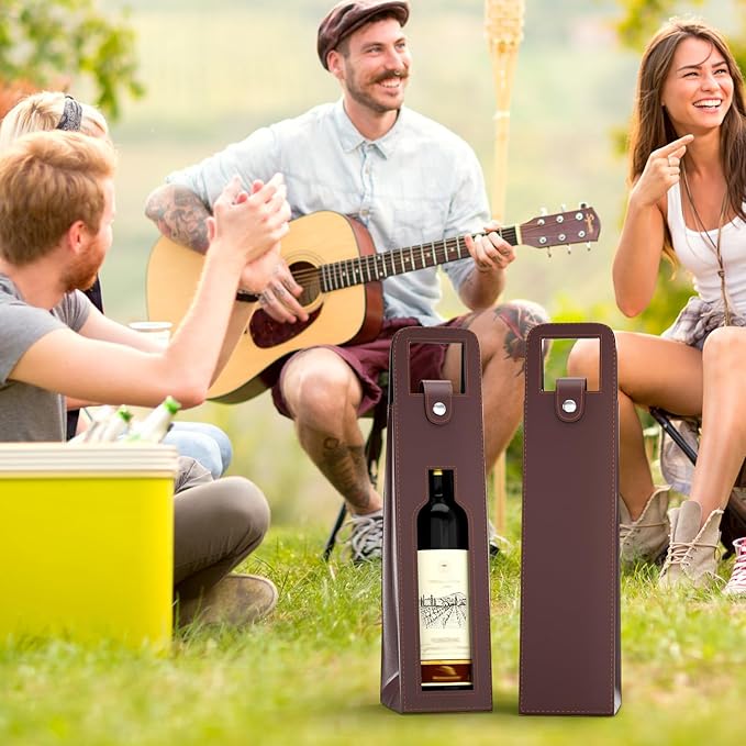 RYDDOY Wine Gift Bag, Reusable Leather Wine Tote Carrier, Single Bottle Champagne Beer Gift Bags Carrier for Birthday, Wedding, Picnic Party, Christmas festival Gifts (Brown)