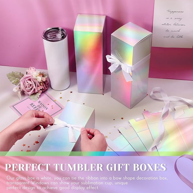 Qilery 12 Sets Gift Boxes with Ribbon for Sublimation Glass Tumbler Gift Boxes for 12oz, 20oz, 30oz Shipping Cup Exhibition Packaging(Rainbow)