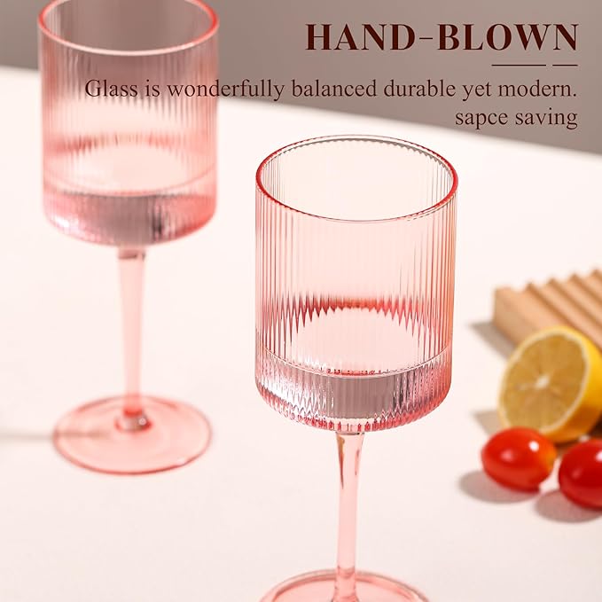 Square Pink Wine Glasses Set of 4 – 15oz Red or White Glasses on Long Stem, Hand Blown Ribbed Design Wine Glasses, Unique Vintage Style Drinking Glasses - For Mothers Day, Wedding, Anniversary