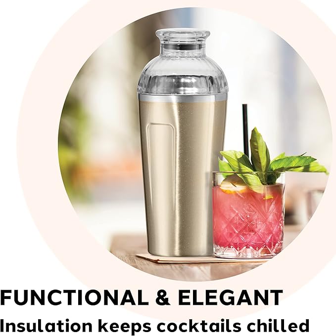 OGGI Groove Insulated Cocktail Shaker-17oz Double Wall Vacuum Insulated Stainless Steel, Tritan Lid has Built In Strainer, Ideal Cocktail Mixer, Martini Shaker, Margarita Shaker, Gold